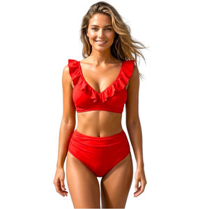 TEMPT ME Red Ruffle Bikini Set High Waisted L NWT